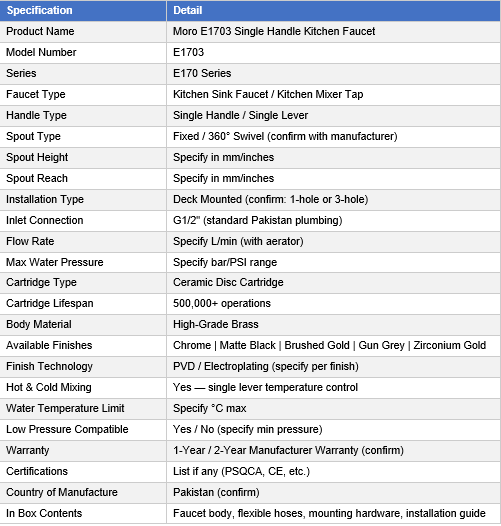 E1703 Kitchen faucet specifications